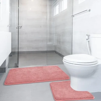 Image of SOANNY 2 Piece Non Slip Bath Mat Set, Luxury Thick Microfiber Shaggy Bathroom Rugs, 50 X 80 CM Soft Plush Shower Rug &amp; Toilet Pedestal Mat, Machine Washable, Absorbent, Pink