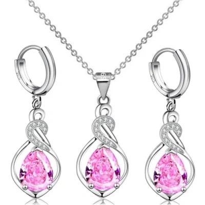 Image of FDEETY Jewelry Sets for Women Rhinestone Pendant Necklace Earrings Set Hypoallergenic Gift Girlfriend Wife on Valentine’s day (Pink)