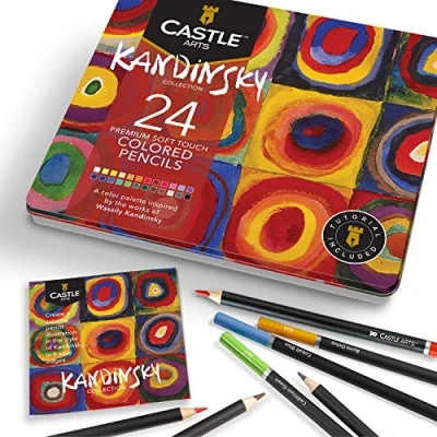 Image of Castle Arts Themed 24 coloured Pencil Set in Tin Box, perfect ‘Kandinsky’ inspired colours. Featuring quality, smooth cores, superior blending &amp; layering performance for great results