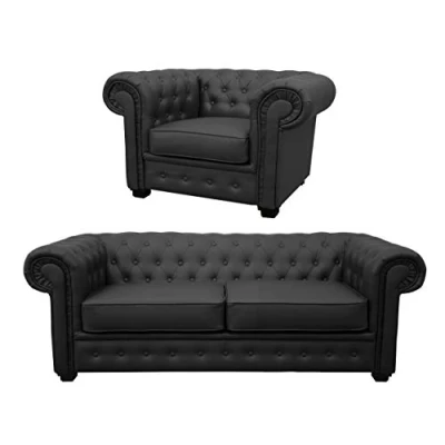 Image of Chesterfield Style Venus Sofa 3 Seater 2 Armchair Black Faux Leather (2+1 Seater)