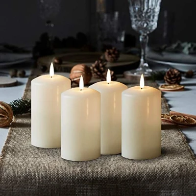 Image of Lights4fun Set of 4 Medium TruGlow™ Battery LED Flameless Pillar Candles Advent Wreath Decoration Timer 12.5cm Real Ivory Wax