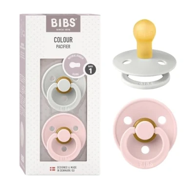 Image of BIBS Colour Soother 2 Pack, BPA Free Dummy Pacifier, Round Nipple. Natural Rubber Latex, Size 1 (0 6 Months), Haze/Blossom