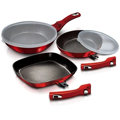 Image of 5Pc Non Stick Aluminum Frying Pan Set with Grill Induction Detachable Handles (Burgundy)