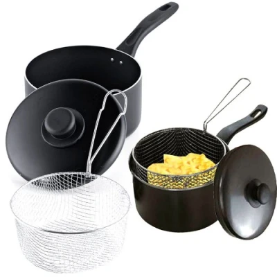 Image of 20Cm Non Stick Chip Pan With Strainer Basket Handles For Easy &amp; Safe Carrying Deep Fry, Lid, Fryer Sacuepan Wire Ideal Chips Fries, Long Lasting