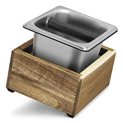 Image of Navaris Coffee Knock Box Black Stainless Steel &amp; Wood Bin for Espresso Machine Grounds With Silicone Bar Knocking Filter Grinds