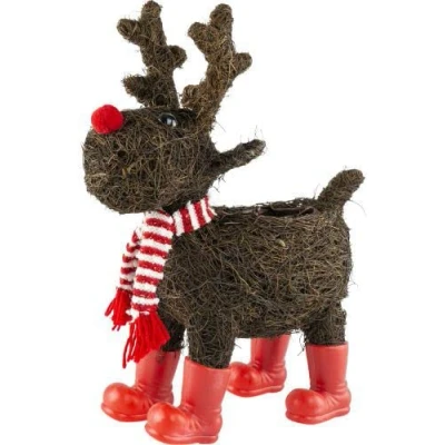 Image of Wicker Christmas Moose Planter with Scarf &amp; Red Boots Festive Xmas Home Reindeer Decoration Cover Plant Pot