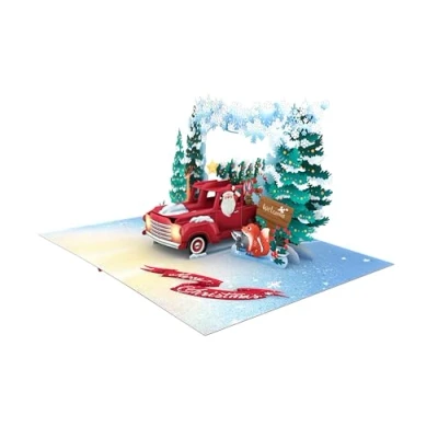 Image of Christmas 3D Pop Up Card Card, Handmade Greeting for New Year, Holiday Friends Family (Santa Driving)