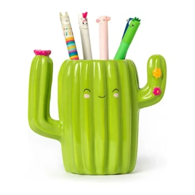 Image of Legami Desk Friends Ceramic Pen Holder, 12.5 x 7.5 cm, Cactus Theme, for Desk, Hand Painted