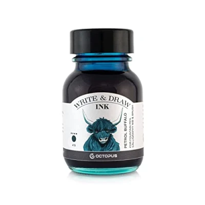 Image of Octopus Write and Draw Ink 419 Petrol Buffalo, Waterproof for Writing Drawing, Calligraphy Ink, Lightfast Drawing Fountain Pen, Glass Brush, 50 ml