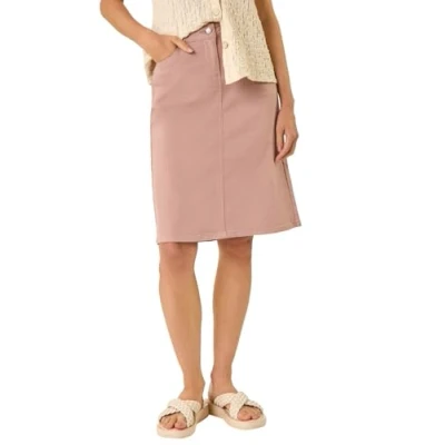 Image of Roman Originals Denim Skirt with Pockets for Women UK Ladies Jean Skirts Cotton Stretch Mid Wash Fitted A Line Casual Smart Work Office Knee Length Flattering Slimming Rose Size 14