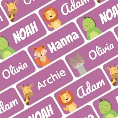 Image of melu kids® Name Labels for Clothes &amp; Items (50, Purple) No Iron Labels, Personalised and Washable Clothing Kids Stickers, Stick on Tags School, Care Homes