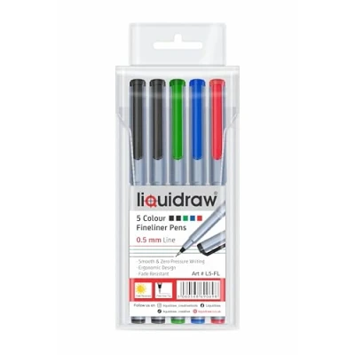 Image of Liquidraw Fineliner Pens Set Of 5 Fine Point 0.5mm Fineliners Black Blue Red Green Coloured School, Office, Artists, Architects, Technical Drawing, Handwriting, Calligraphy &amp; Sketching