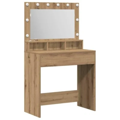 Image of vidaXL oak engineered wood vanity table built in lighting, shelves, bedroom furniture, 79x41x135 cm matte finish