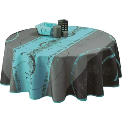 Image of Le linge de Jules Tablecloth, anti stain, Astrid turquoise, round 63 inch