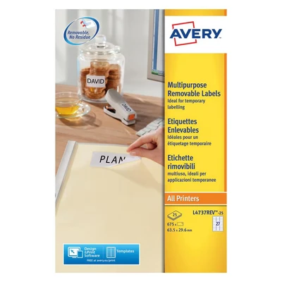 Image of Avery Labels Removable Laser 27 per Sheet 63.5x29.6mm L4737REV 25