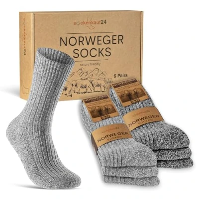 Image of sockenkauf24 6 Pairs Norwegian Socks Men Women Winter Warm Wool Socks, Grey and mottled anthracite, 43 46