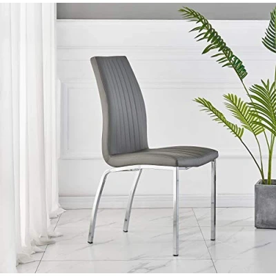 Image of FURNIZONE SET OF 2 MODALUX DINING CHAIRS FAUX LEATHER WITH CHROME METAL LEGS (Grey)