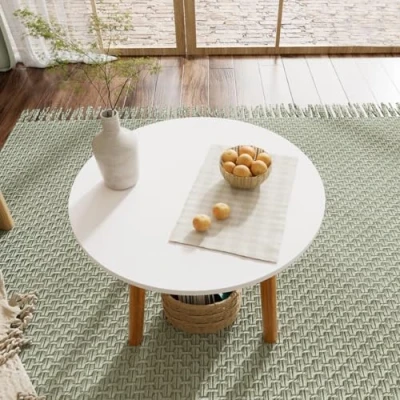 Image of Round Coffee Table Solid Legs Modern Tea Dining White Side for Living Room, Center Tables Small Space Waterproof 60cm (white)