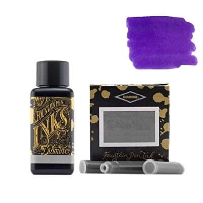 Image of Diamine 30ml Imperial Purple fountain pen ink bottle + cartridges 6 pack