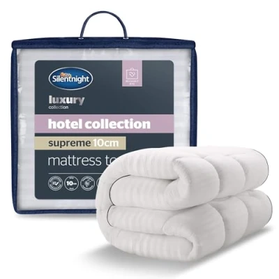 Image of Silentnight Hotel Collection Supreme Mattress Topper 10cm Thick Deep for Comfort Filled with Finest Fibres to Rejuvenate Your Bed Soft Quilted Embossed Cover and Elasticated Straps, Super King