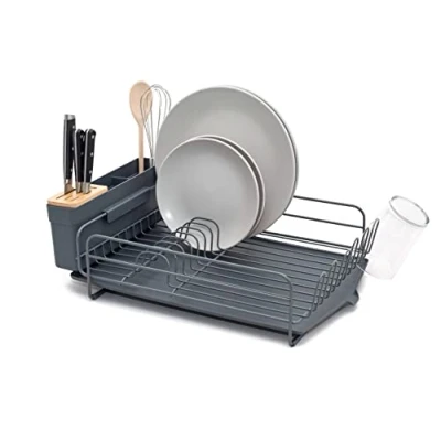 Image of simplywire Premium Dish Drainer Plate Drying Rack with Cutlery Holder &amp; Drip Tray Grey Powder Coated Steel