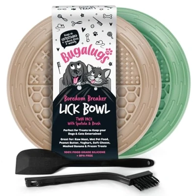 Image of Bugalugs Dog Mat Bowl Lick Mats For Dogs, 100% Food Grade Cat &amp; Licky Dogs Reduce Stress Anxiety, 2x Pet Bowl, Spatula Brush (Green Beige)