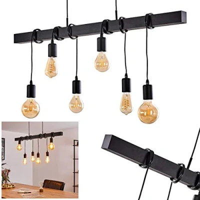 Image of Pendant light Barbengo, hanging made of wood/metal in black, 6 x E27 socket, height 74 cm, vintage retro style, cables on the wood can be adjusted as desired, without bulbs