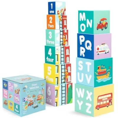 Image of boppi Stacking Blocks Vehicle Toddler Toys with Letters and Numbers, Montessori/Educational Toy Cubes for Toddlers, Preschool Learning Baby