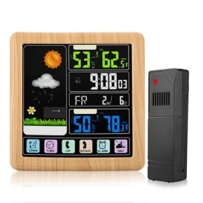 Image of Weather Station, Colorful LCD Touch Screen Digital Station Radio Multifunctional Wireless Forecast with Alarm Clock, Temperature Humidity Meter for Indoor and Outdoor.(Wood grain)