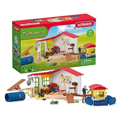 Image of schleich Farm World 42607 Baby Pet Animal Play Hotel with Caretaker Figurine Large 54 Piece Toy Playset Dog, Cat, Bunny, Accessories and More, Imagination Gift for Boys Girls, Kids Ages 3+