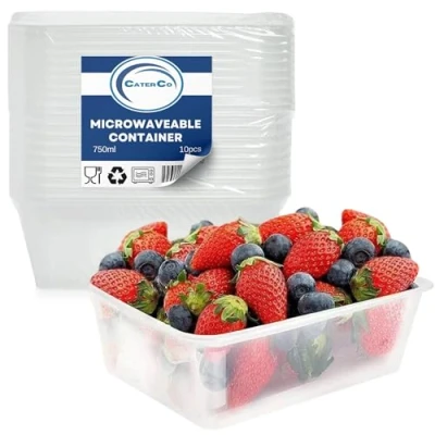 Image of CaterCo Clear Rectangular Plastic Food Containers With Lids Reusable, Microwave &amp; Freezer Safe, Airtight, Recyclable, BPA Free, Stackable Container for Meal Prep Set of 10 650ml