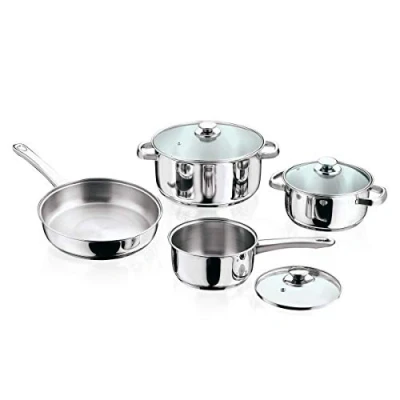Image of Vinod 7pc Stainless Steel Cookware Set (Frypan/Sauce Pan 2 Cooking Pots w/Glass Lid), Medium, Silver