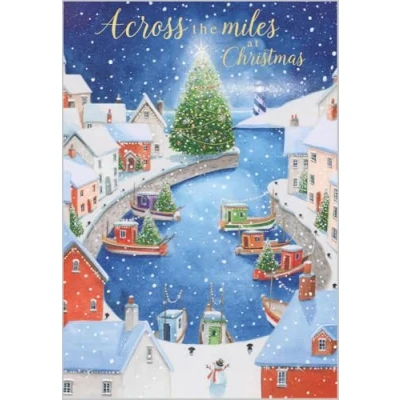 Image of Abacus Cards Across the Miles Christmas Card with Snowy Harbour Boats Design and Special Finish Eco Friendly Single Xmas Envelope