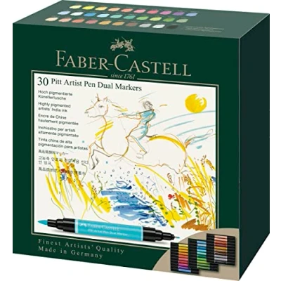 Image of Faber Castell Art &amp; Graphic Pitt Artist Pen Dual Marker India Ink, Multicoloured, Wallet Of 30, For Art, Craft, Drawing, Sketching, Home, School, University, Colouring