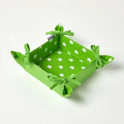 Image of HOMESCAPES Reversible Bread Basket Double Design Fabric Stars Green Foldable for Buns Eggs Baked Goods 100% Cotton Cover