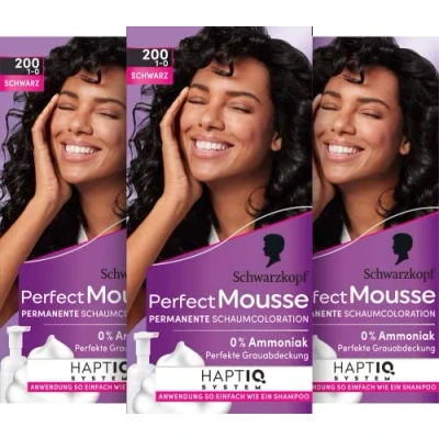 Image of Schwarzkopf Perfect Mousse Permanent Foam Colouration 200/1 0 Black (3 x 92.5 ml), Hair Colour with Grey Coverage, for Intensive Care and Radiant Shine