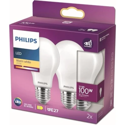 Image of Philips LED Classic A60 Frosted Light Bulb 2 Pack [E27 Edison Screw] 10.5W 100W Equivalent , Warm White 2700K, Non Dimmable