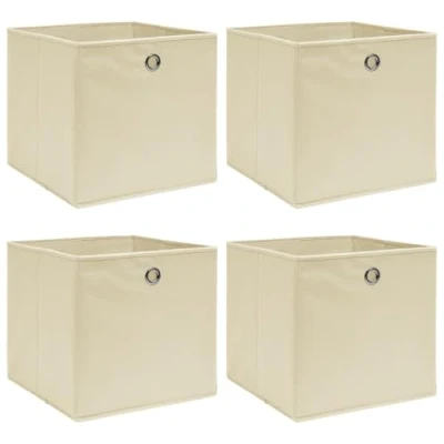 Image of vidaXL Foldable Storage Boxes in Cream, Non woven Fabric Construction, 32x32x32cm, Set of 4 Ample Solution for Wardrobe, Shelves, Underwear, Socks