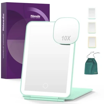 Image of LED Foldable Travel Makeup Mirror 5x7 inches3 Colors Light Modes USB Rechargeable Touch Screen, Portable Tabletop Cosmetic for Travel, Cosmetic, Office (Green)