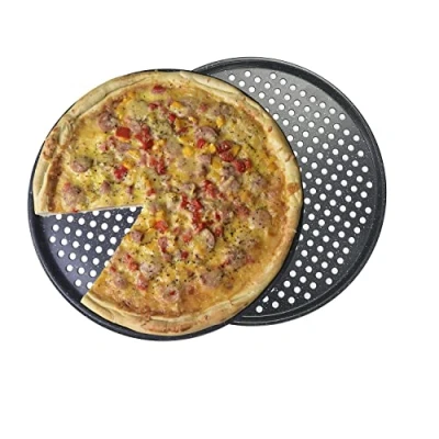 Image of 14 inch Pizza Tray with Holes 2 Pack Perforated Pan for Oven Carbon Steel Crisper Granite Finish Non Stick