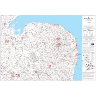 Image of East Anglia Postcode Sector Map 15 Wall With Motorway, A&#039; Roads, B&#039; City Plans, Area, District, SectorsSize: 73 x 107 cm (29 42 inches) Scale: 1:150 000 (2.4 miles to 1 inch)