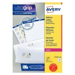 Image of Avery Printable, Customisable Address Mailing Labels, Laser Printers, 18 Labels Per A4 Sheet, 1800 UltraGrip (L7161), White, 100 Sheets