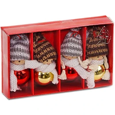 Image of BRUBAKER 4 Piece Set Christmas Dolls Wood/Knit 3.2 Inches Height Tree Ornaments in Red Gift Box