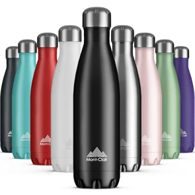 Image of Mont Clair Stainless Steel Water Bottle, Vacuum Insulated + BPA Free, 12h Hot &amp; 24h Cold Drinks Metal Bottle 1L Leakproof, Ideal for Adult, Kids, Running Black