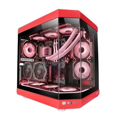 Image of Mars Gaming MC 3T, Custom ATX Case, Triple Window Continuous Tempered Glass, Full Liquid Cooling Support, Dual Side Camera, 3x Vertical PCI Slots, USB C and 3.0, Red