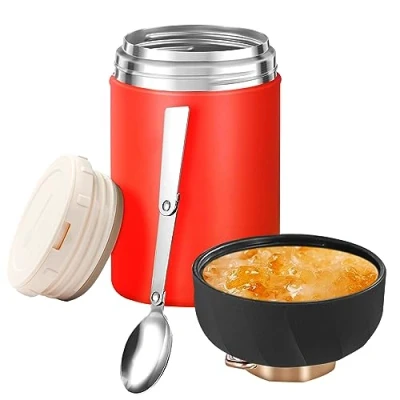 Image of GOEDEKE Food Flask,600ml (20 oz) Flask Container,Stainless Steel Double Walled Soup Leak Proof Jar Containers with Foldable Spoon for Hot and Cold Meals (Red)