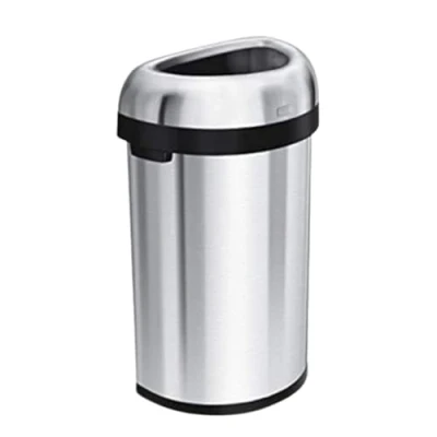 Image of simplehuman CW1468 60L Semi Round Open Office Business Commercial Bin, Large Capacity, Dent Resistant, Lift Off Lid, Side Handles, Non Skid Base, Brushed Heavy Gauge Stainless Steel