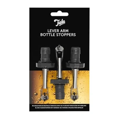 Image of Tala Barware Lever Arm 3 Bottle Stoppers, Set of Expanding Plug style Stoppers which create a leak proof vacuum seal, keeping drinks fresher for longer, Black