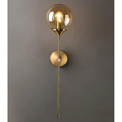 Image of MZStech Vintage Industrial Wall Mounted Sconce, Amber Glass Globe with Long Arm Gold Lamp,Golden Light for Bedside (Amber)