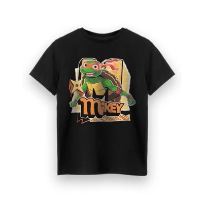 Image of Teenage Mutant Ninja Turtles Mikey Boys T Shirt Kids Michelangelo Short Sleeve Graphic Tee in Black Alternative Art Character Apparel Top TMNT Comic Book Movie Series Game Merchandise Gift